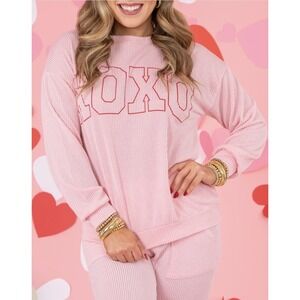 Tres Bien Womens Pink Ribbed XOXO Graphic Lounge Set Size S